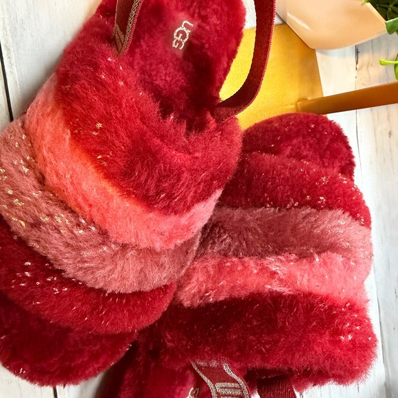 UGG Red and Pink Striped Fuzzy Slippers - Picture 3 of 3